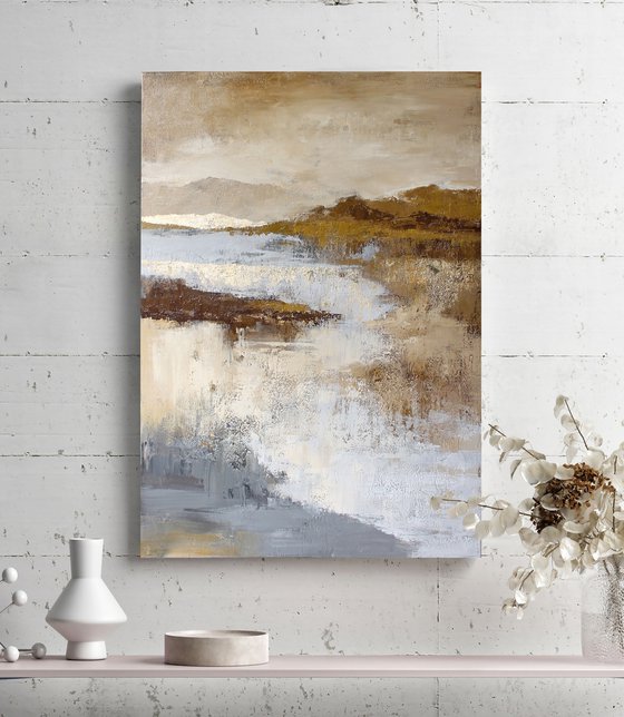 "Mountains" Abstract cream gold acrylic art