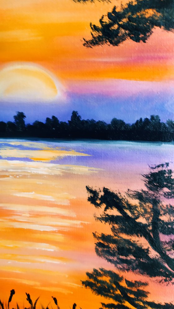 Evening tango, original sunset landscape, trees oil painting