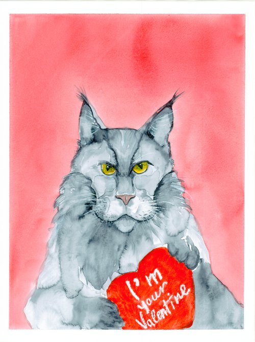 Valentine Cat portrait  with red heart - Funny gift idea for animal lover - I'm your Valentine by Olga Ivanova