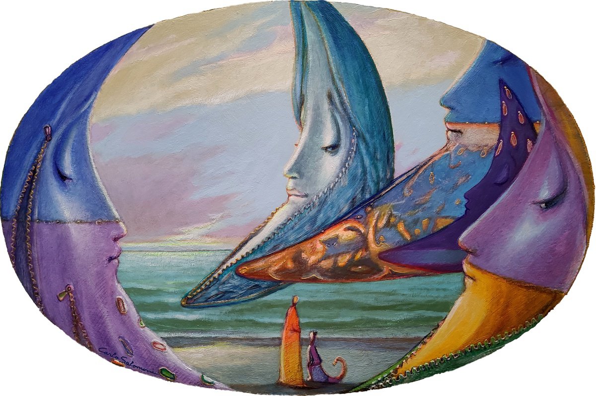 Surrealistic Landscape Painting By Carlo Salomoni, 23 X 15, The Moons Of The Tide, Original Artwork