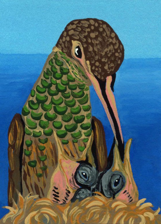 ACEO ATC Original Painting Hummingbird Nest Babies Wildlife Bird Art-Carla Smale