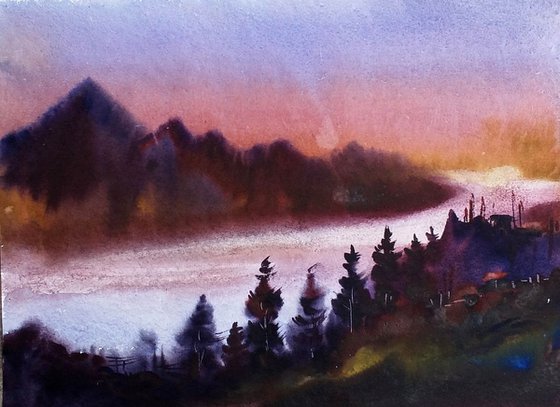 Sunset Mountain - Watercolor Painting