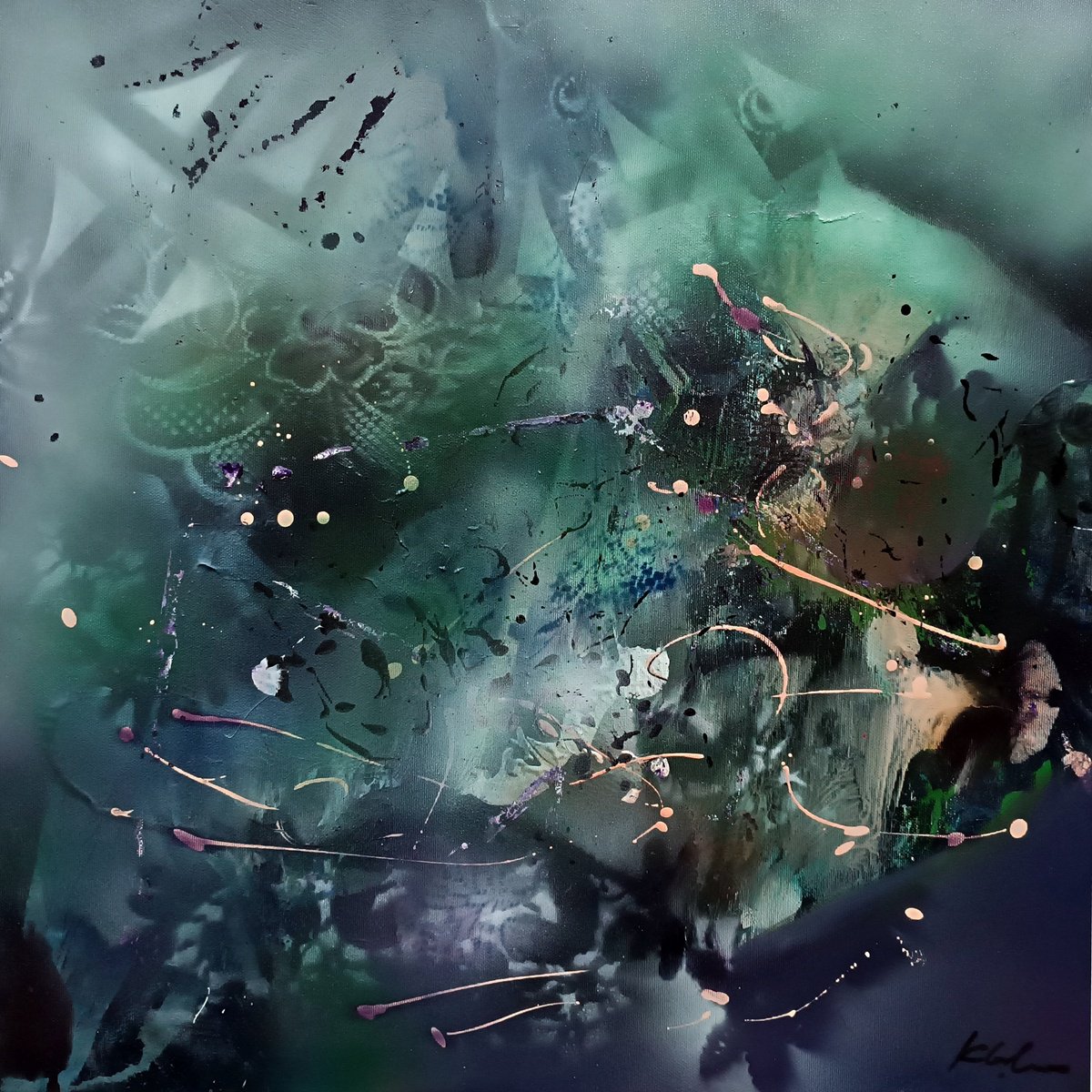 Organic Landscape Acrylic Painting By Kloska Ovidiu, 26 X 26", Soft Moss And Time, Original Artwork