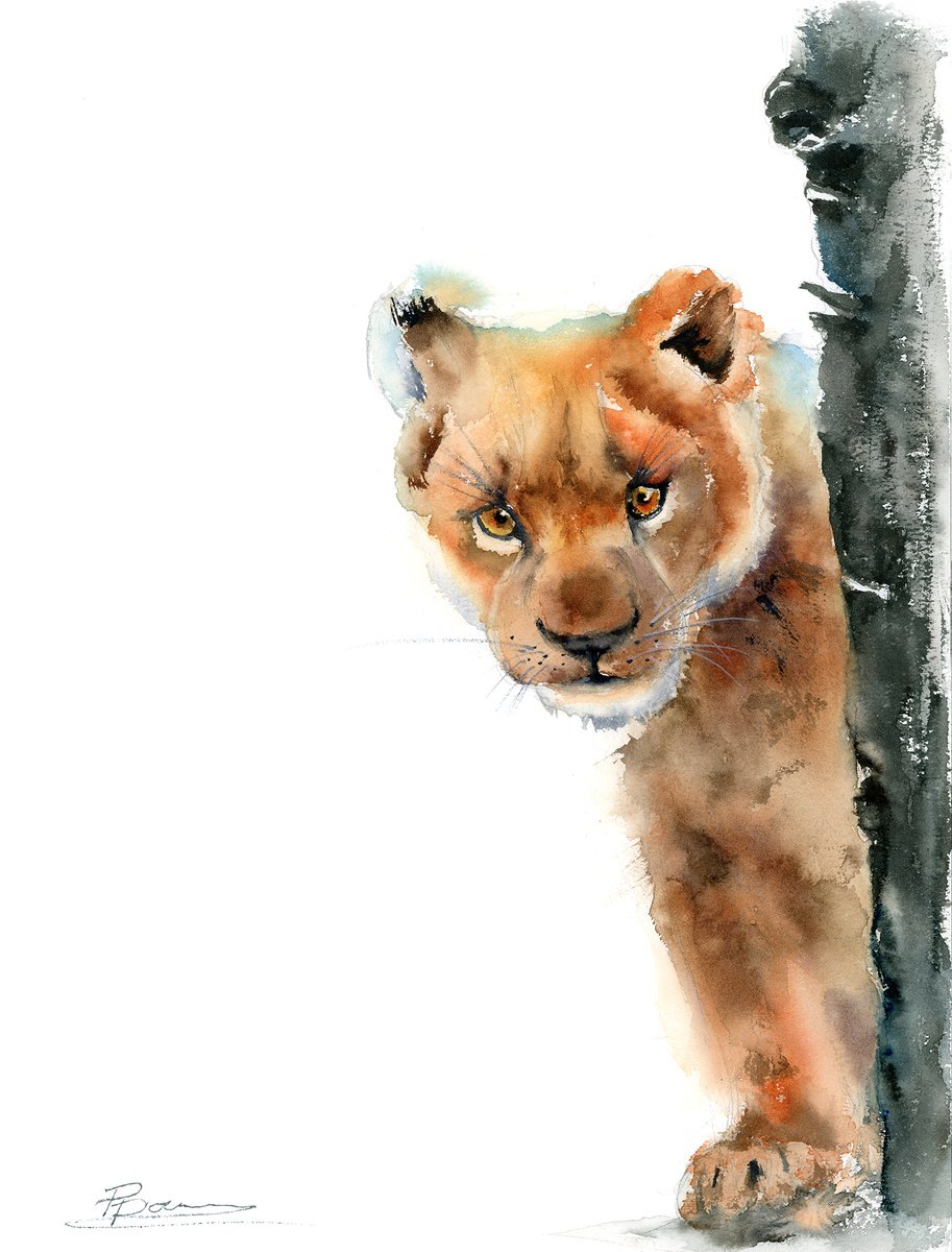 Illustrative Animal Watercolour By Olga Tchefranov (Shefranov), 12 X 16", Baby Lion, Original Artwork