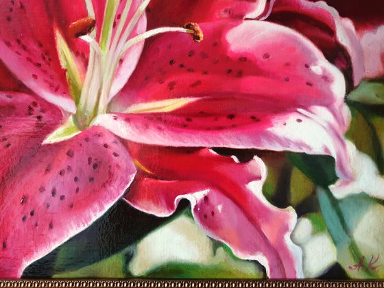 "Oh, lily ..."  pink red flower lily liGHt original painting  GIFT (2021)