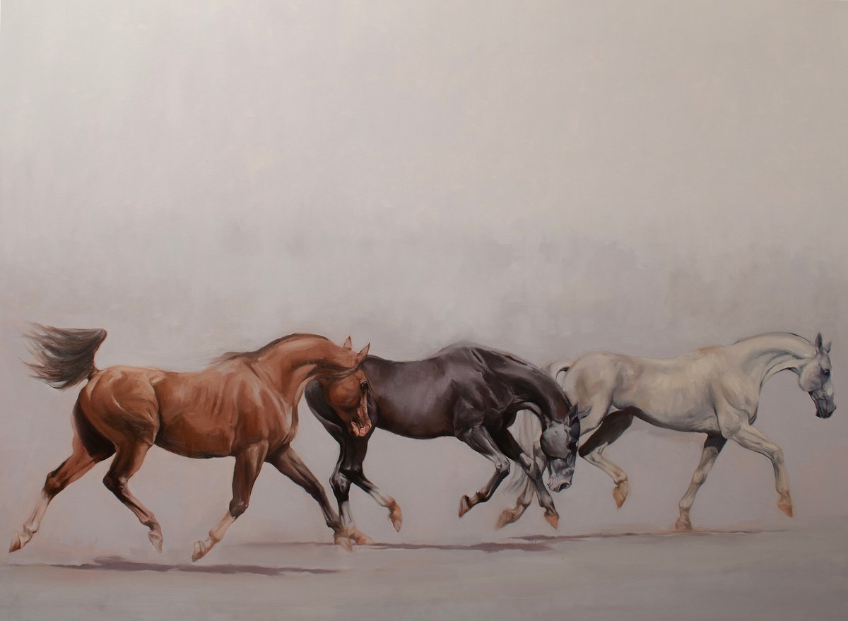 Impressionistic Animal Oil Painting By Zil Hoque, 72 X 53", Black White And Tan, Original Artwork