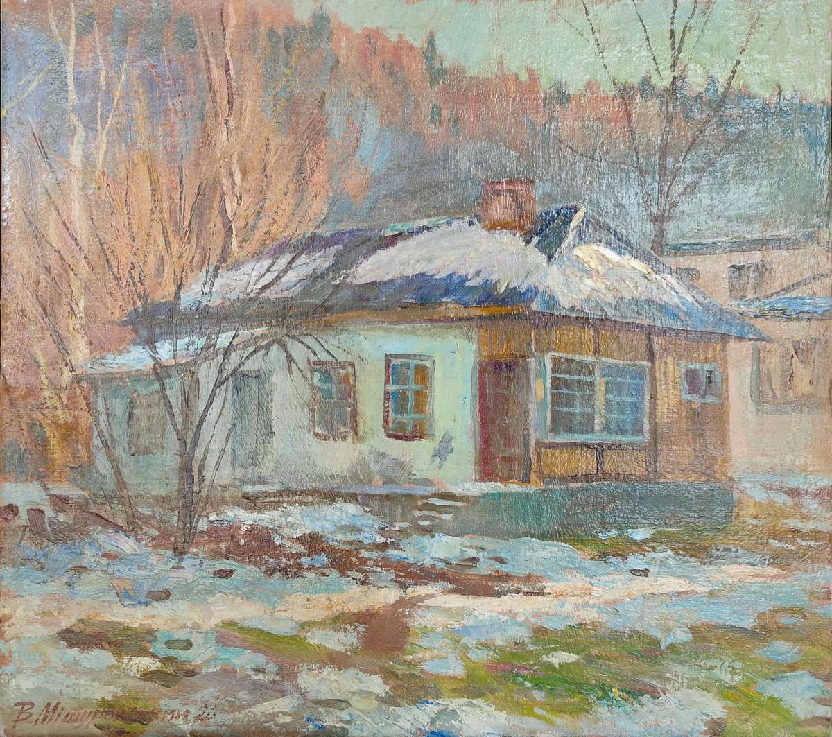Impressionistic Landscape Oil Painting By Viktor Mishurovskiy, 17 X 15", Thaw, Original Artwork