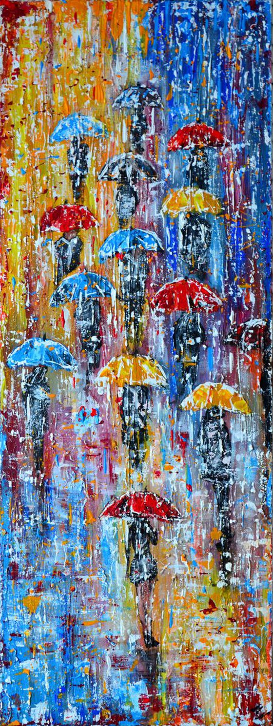 Umbrellas in the Rain- Long Deep Edge Canvas Ready to Hang, Palette knife, City