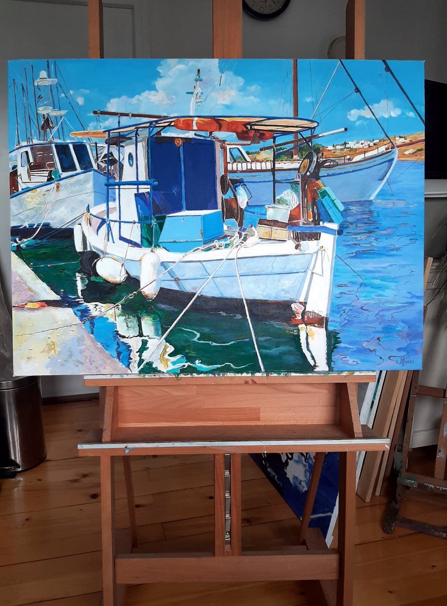 Impressionistic Landscape Acrylic Painting By Zoran Mihajlovic Muza, 33 X 25", Fishing Harbor, Original Artwork