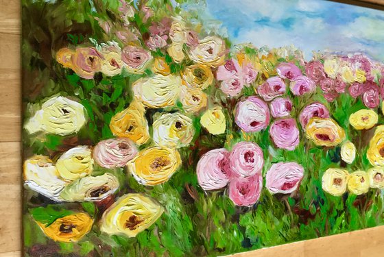 Large size WHITE PINK YELLOW PURPLE  ROSES in a Greenwich rose garden palette  knife modern still life  flowers office home decor gift