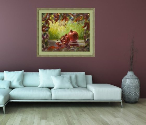 Pomegranate-ripe fruit with juicy grains in a decent environment, oil painting, home decor, original gift.