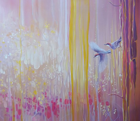 A Piece of Magic - a pink abstract painting with birds and wildflowers