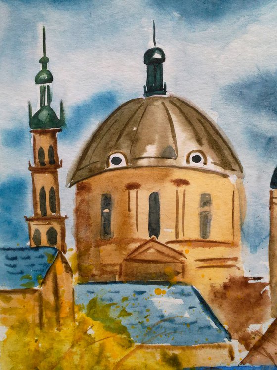 Lviv Painting Cityscape Original Art Ukraine Small Watercolor Artwork Home Wall Art 8 by 12" by Halyna Kirichenko