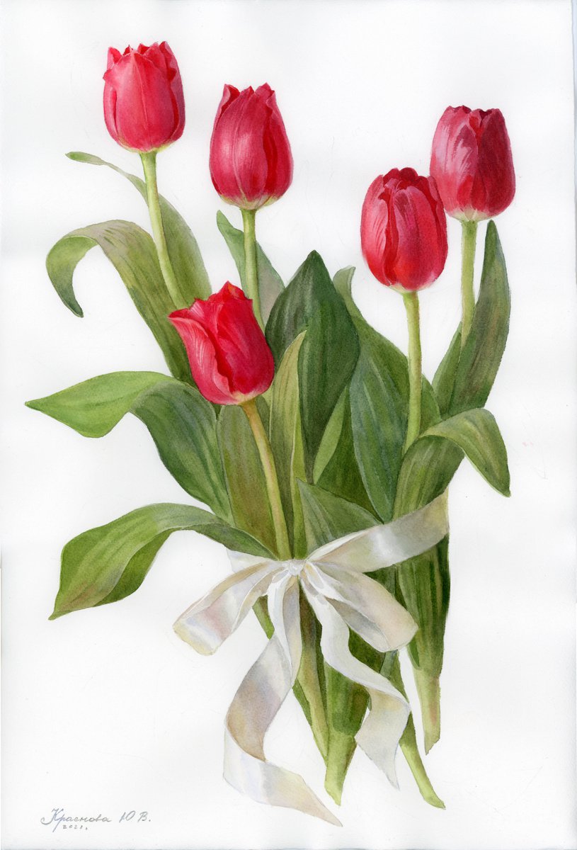 Photorealistic Botanical Watercolour By Yulia Krasnov, 15 X 22", Soaring Tulips, Original Artwork