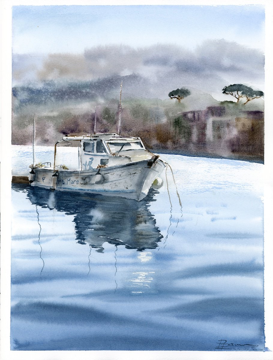 Impressionistic Watercolour , Yacht In The Sea By Olga Tchefranov (Shefranov), 12 X 16, Artwork For Sale On Artfinder