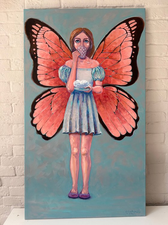 "She has wings". Original surrealistic oil painting. XXL