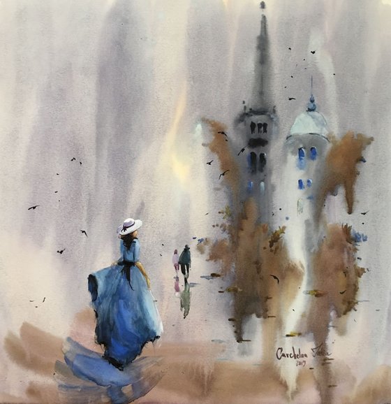 Watercolor “Lady with The blue dress” perfect gift