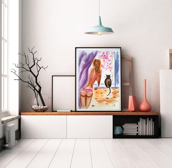 Quarantine Painting Original Watercolor Artwork Woman and Cat Isolation Small Wall Decor