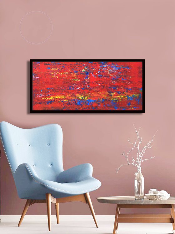 Red salmon river, spatula rough surface, 50x100 cm, warm volor, framed