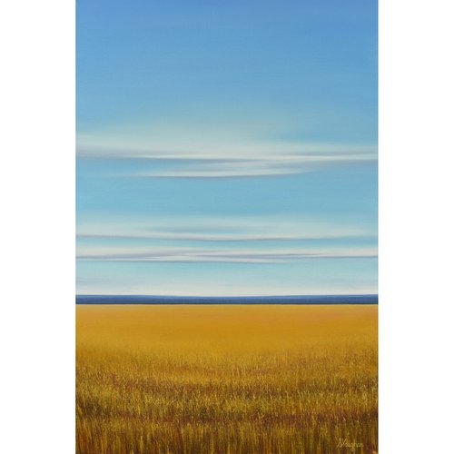 Golden Wheat Field - Blue Sky Landscape by Suzanne Vaughan