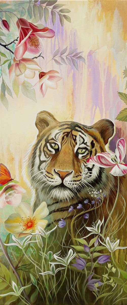 "Confluence with nature", tiger painting, animal art, floral painting by Anna Steshenko