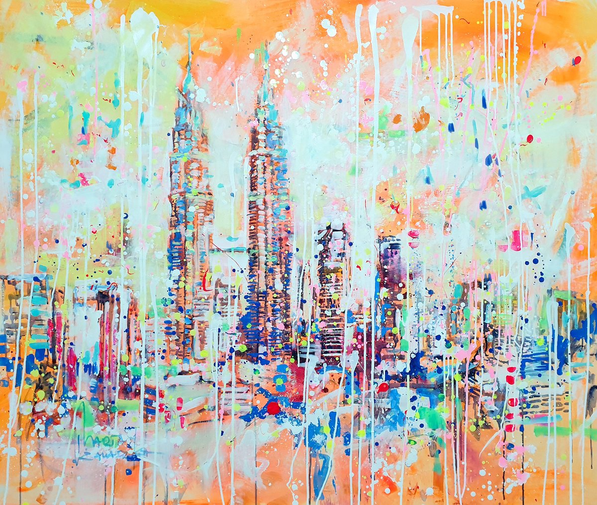 Impressionistic Cityscapes Acrylic Painting By Marta Zawadzka, 51 X 43", Kuala Lumpur, Original Artwork