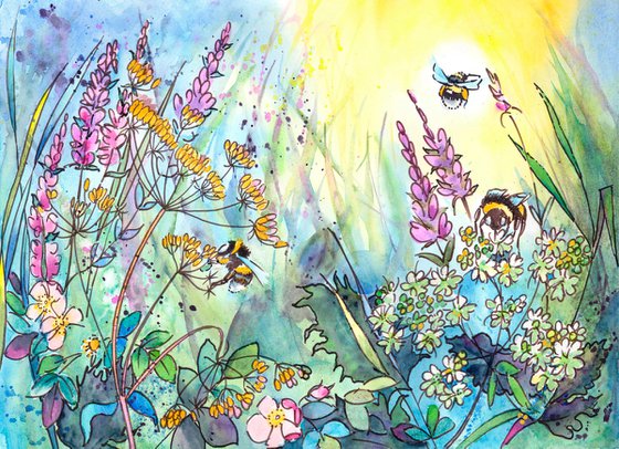 Bee painting, Bumble bee, Bees in watercolour, Bee wall art, ink and wash, Bee watercolor, watercolour, watercolor,