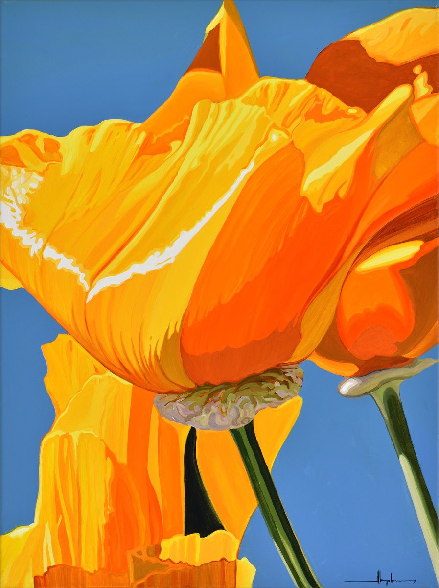 Urban And Pop Botanical Acrylic Painting By Alex Nizovsky, 18 X 24, Californian Poppy And Wind #2, Original Artwork