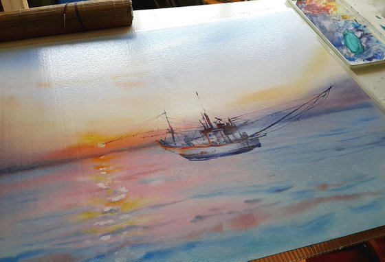 Watercolor landscape. Fishing boats at sunset