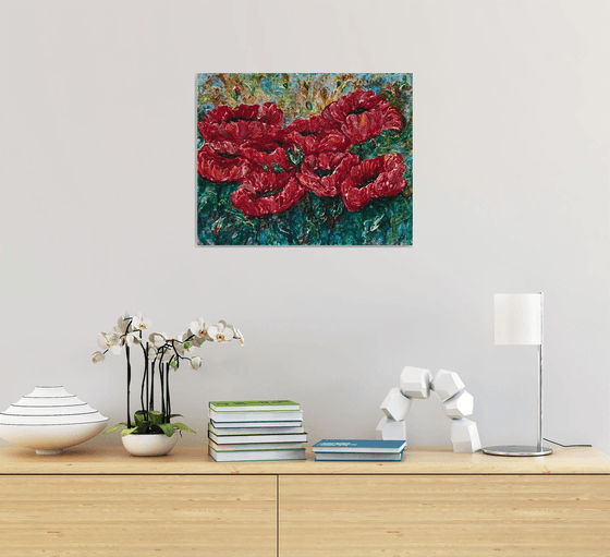 Decorative Modern Palette Knife Textured Painting of Fiery Meadow-Poppies 20" x 16" x 1.5"