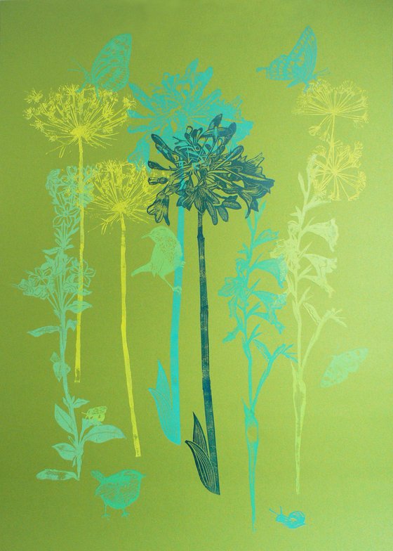 Flora and fauna with greens and blues (#1) on Green "mojito" fabriano card