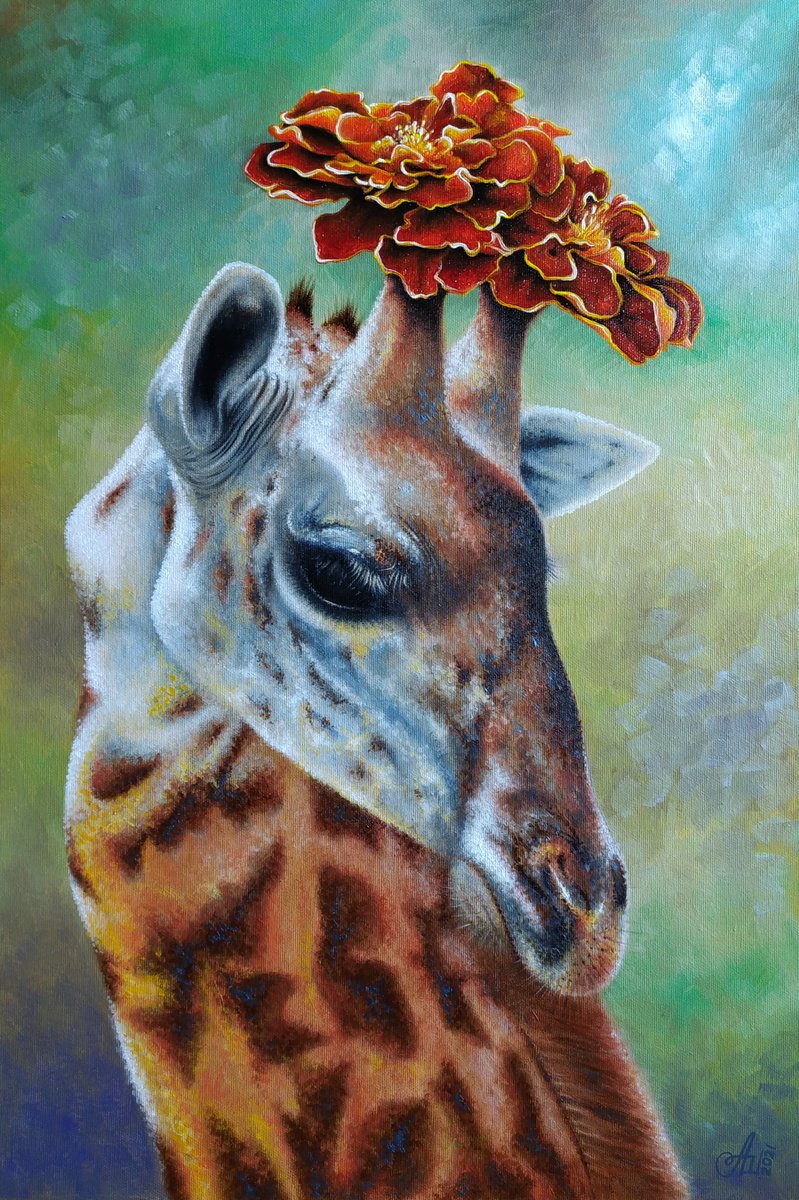 Surrealistic Animal Oil Painting By Anna Shabalova, 16 X 24, Queen In A Marigold Crown ????, Original Artwork