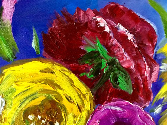 BOUQUET OF SUMMER FLOWERS   Fritillaria,  peonies, roses, hydrangea, mallow Still life Dutch style office home decor gift