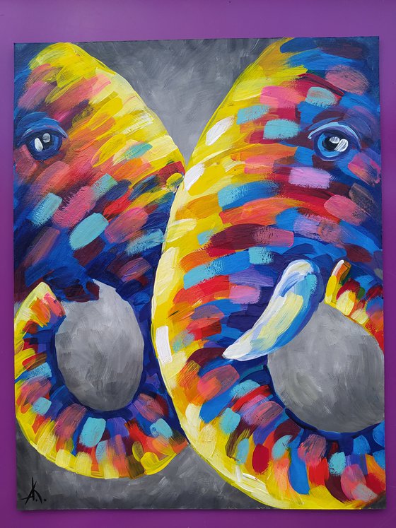 Embrace - elephants, mother, acrylic, elephant, mother's love, Africa, love, animals, gift for mother, acrylic painting, Impressionism, gift.