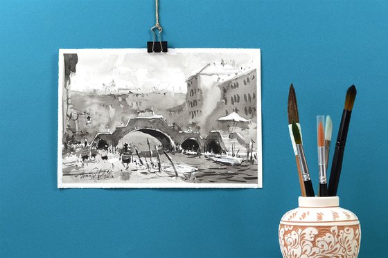 Venice, ink original painting. Venetian Cityscape.