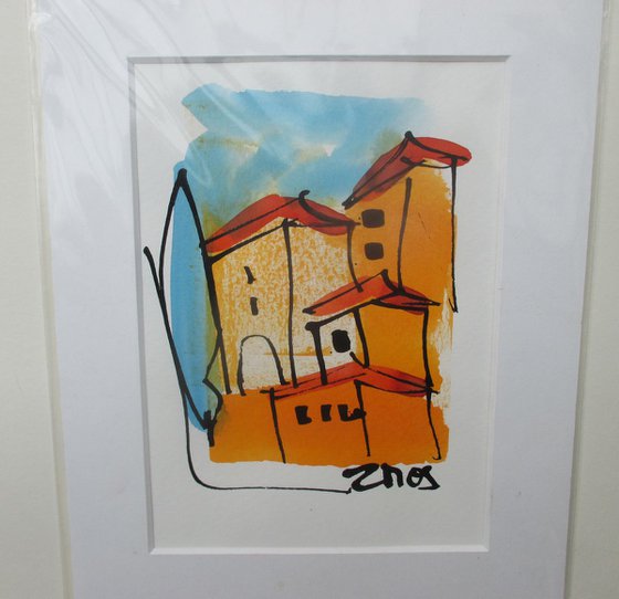 italian small town drawing 9,5 x 7,5 inch
