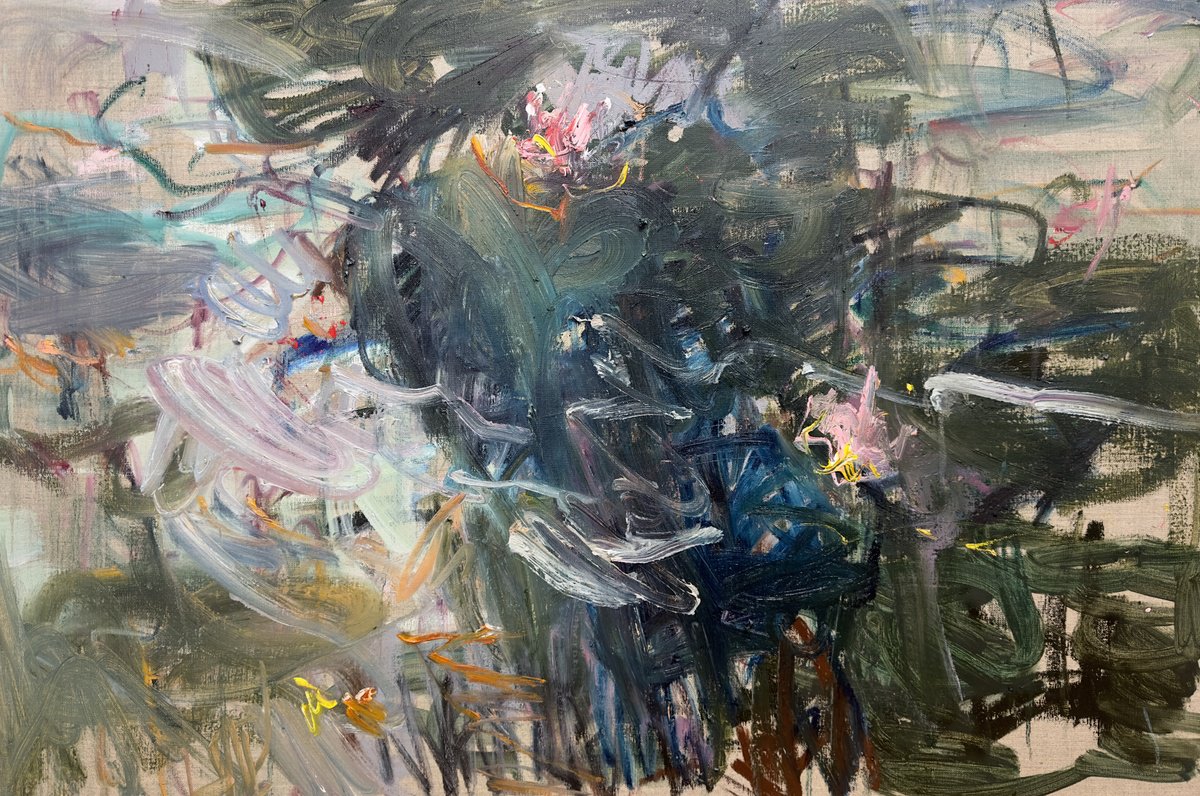 Expressive Abstract Oil Painting By Lilia Orlova-Holmes, 36 X 24", Autumn Pond. Reflections, Original Artwork