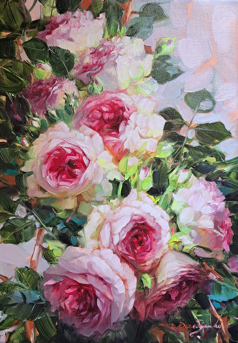 Impressionistic Botanical Oil Painting By Nataly Derevyanko, 10 X 14", Rose Garden, Original Artwork