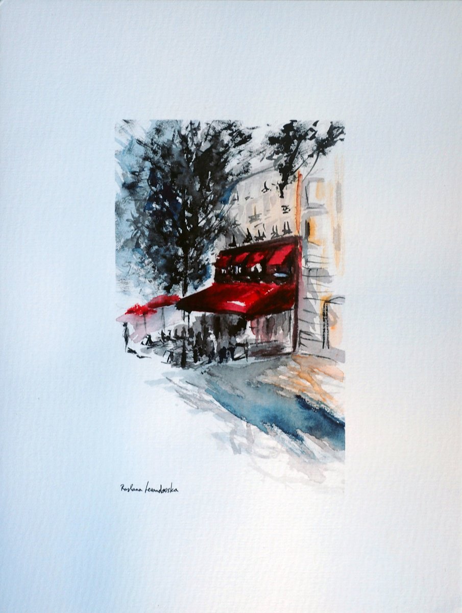 Impressionistic Cityscapes Watercolour By Ruslana Levandovska, 9 X 11", Paris Cafe Watercolor, Original Artwork