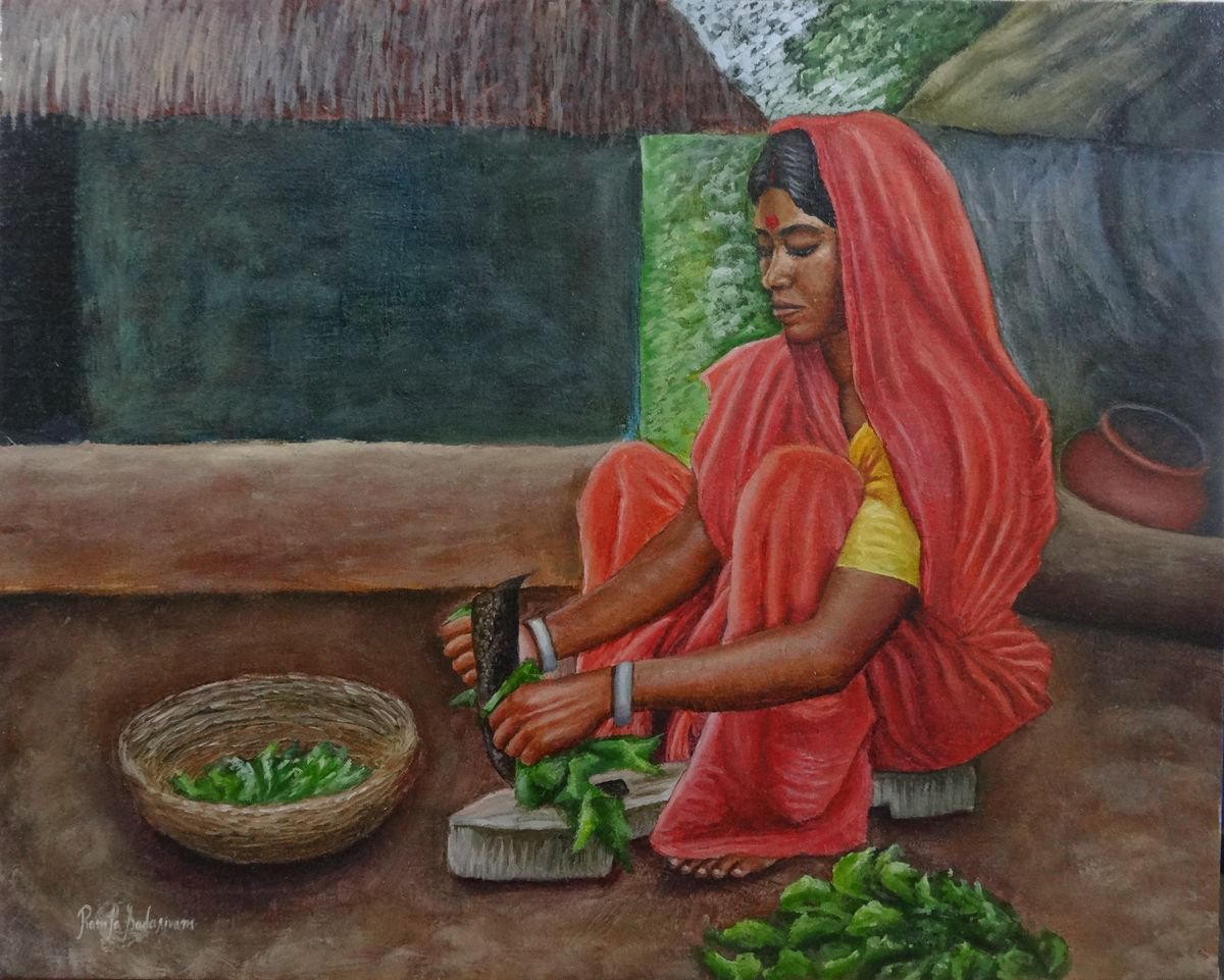 Woman Preparing greens by Ramya Sadasivam