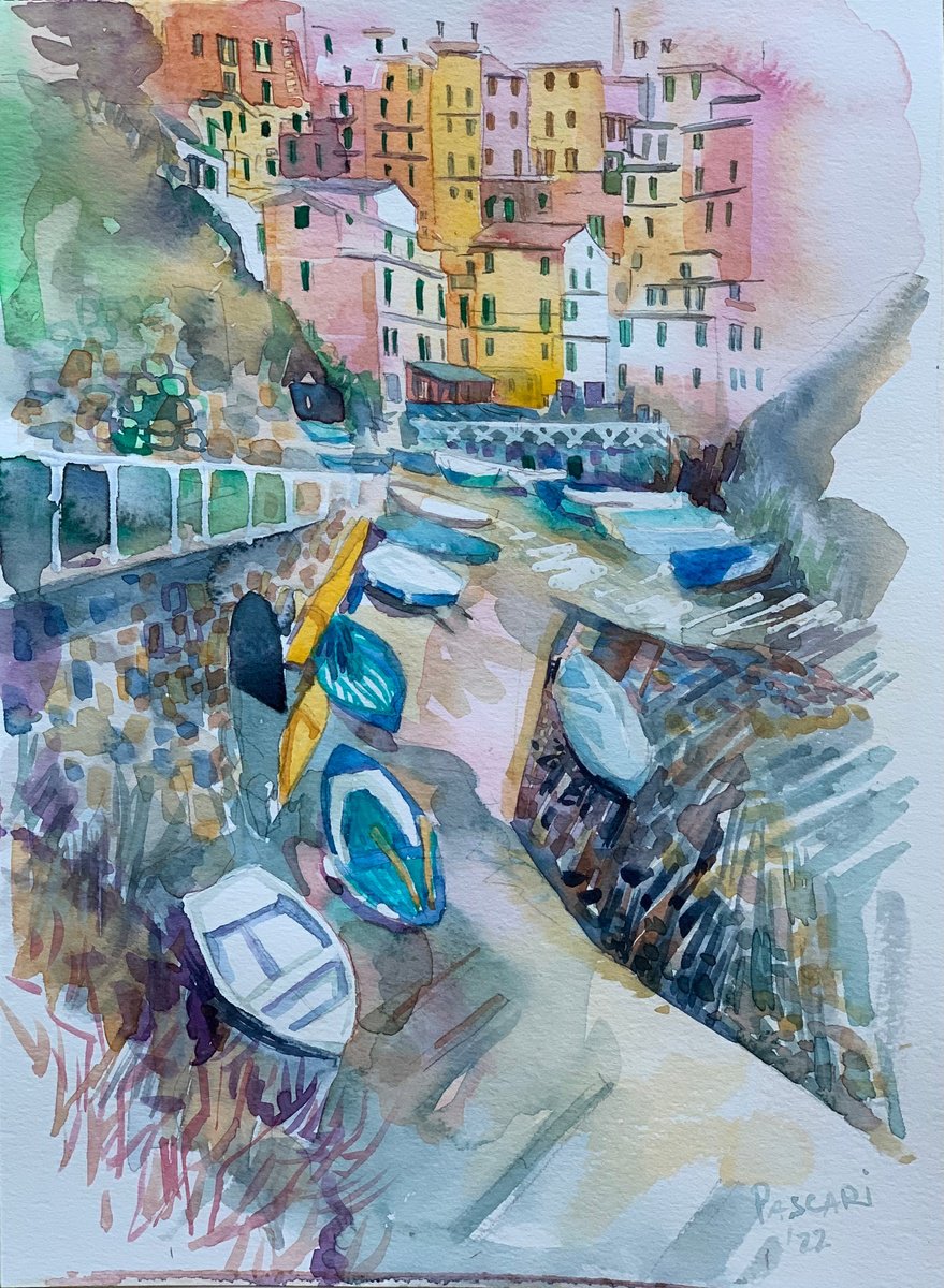 Impressionistic Landscape Watercolour By Olga Pascari, 8 X 11", Rio Maggiore, Cinque Terre, Original Artwork