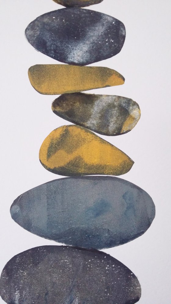 Zen stones - Twelve stones #9  ( banded balancing stones lino/monoprint)