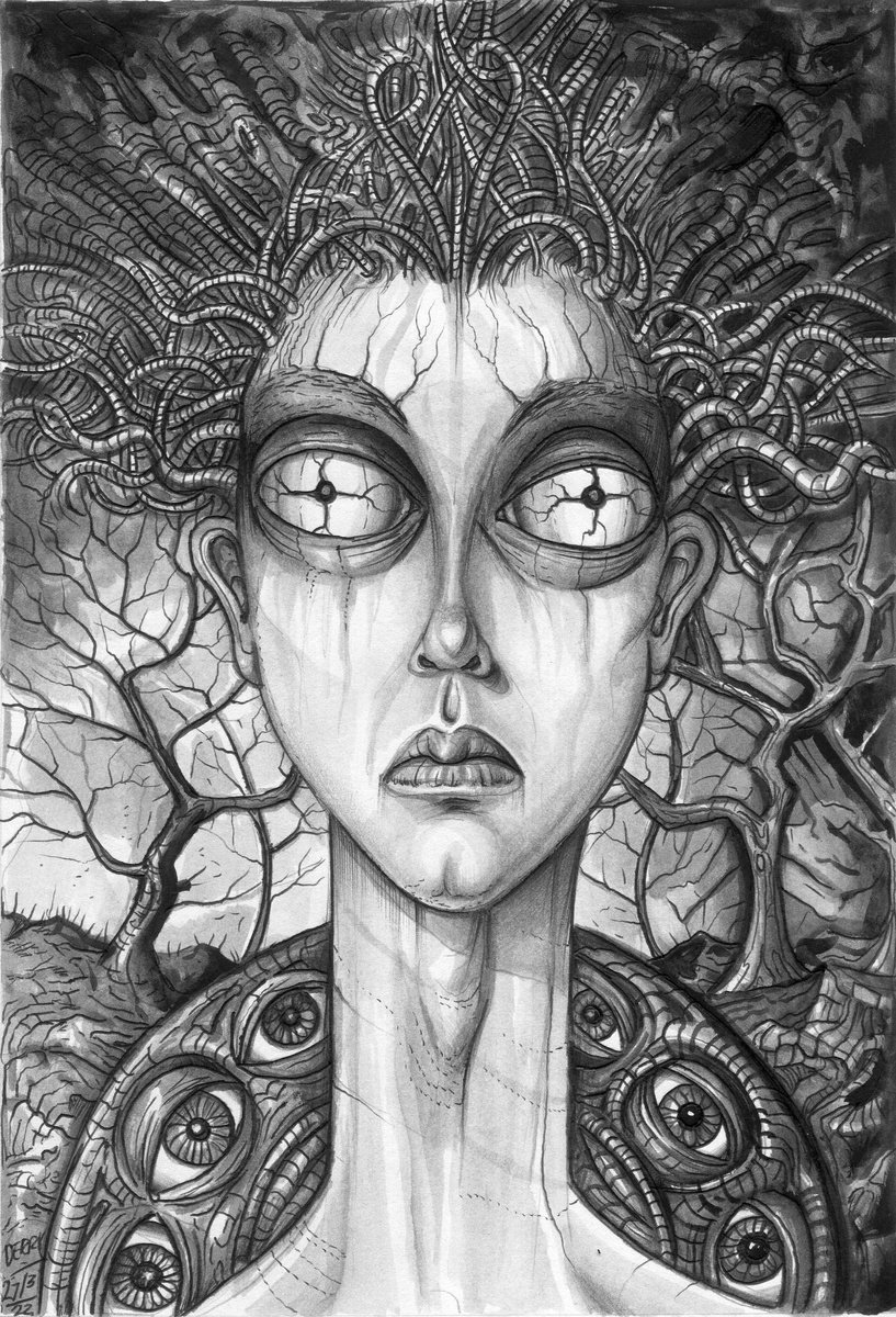 Surrealistic Portrait Pencil Drawing By Spencer John Derry, 8 X 12", Chemically Fried, Original Artwork