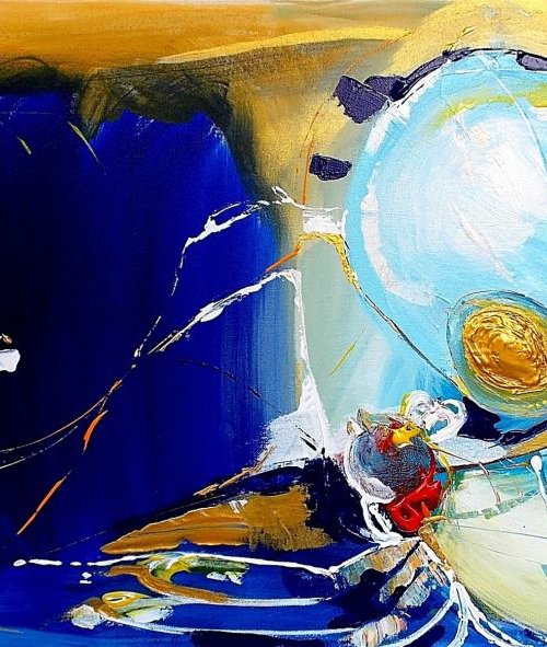 Chicken or the egg? - Large Blue Painting, 50 x 100 cm. by Maria Paunova