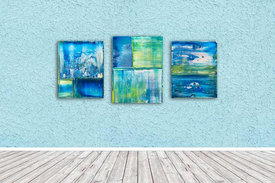 "Just Chillin" - Save As A Series - Original PMS Abstract Acrylic Painting Triptych On Canvas - 50" x 24"