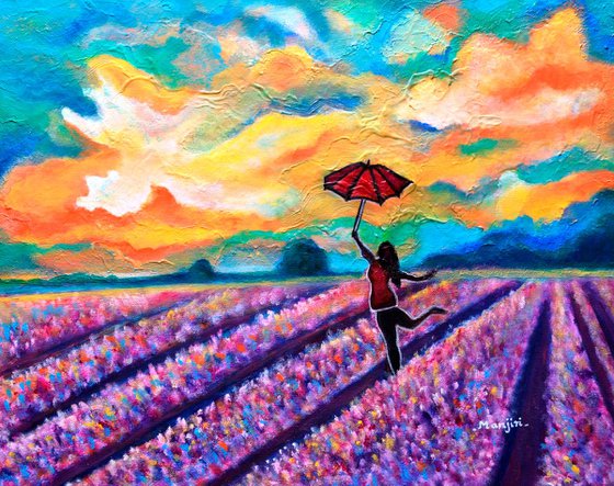 Lavender Field Walk-girl With Umbrella
