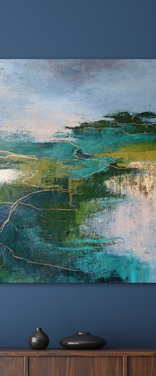 "Riverside" Abstract forest green gold art by Solomia