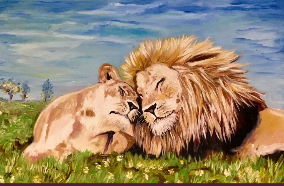 Impressionistic Animal Oil Painting By Olga Koval, 24 X 16", Lions . My Honey, Original Artwork
