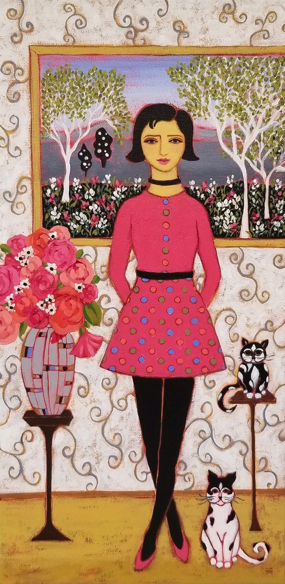 Woman with Cats & Birch Trees