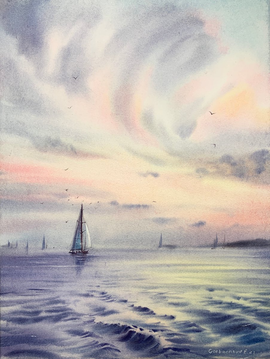 Impressionistic Landscape Watercolour By Eugenia Gorbacheva, 12 X 16, Yachts At Sea #2, Original Artwork